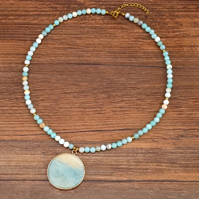 Image of 1pc Natural Stone Round Amazonite Pendant Necklace - Bohemian Style Multicolor Bead Chain Jewelry For Women, Casual Attire & Gift, Versatile Accessory