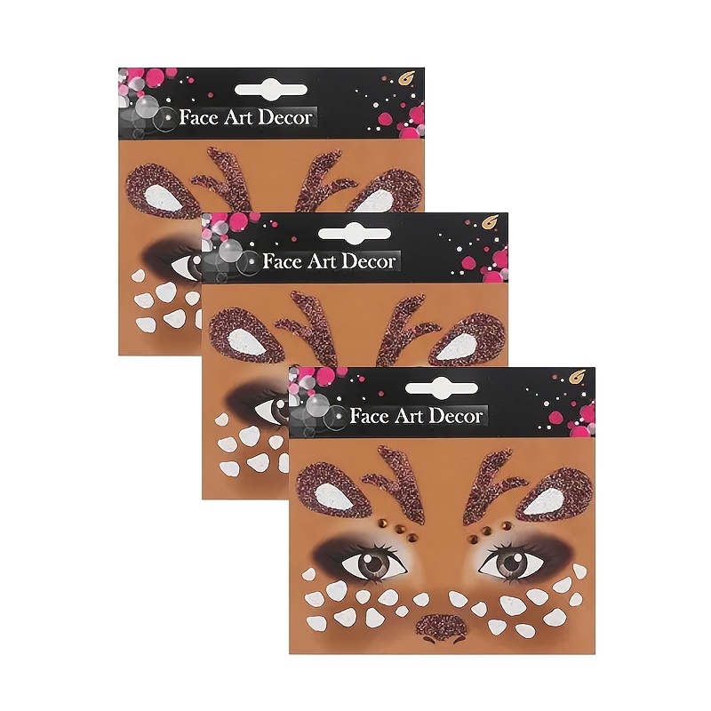 TEMU 3pcs Set Christmas Reindeer Face Stickers Halloween Deer Face Decorative Stickers Women's Sparkly Self-adhesive Sequined Face Stickers, Cute