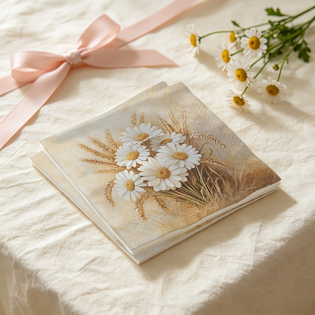 TEMU Lot de 20 serviettes, motif marguerite et épis de blé de sur fond beige , ambiance chaleureuse et naturelle, serviettes en papier à double