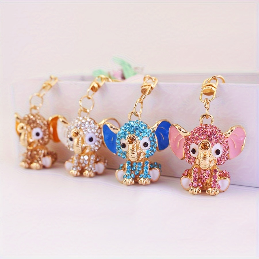 

Sparkling -encrusted Elephant Keychain - Cute Cartoon Golden, Blue, Or Pink With Tassel Accent For Women's Bags & Car Keys - Ideal Birthday Gift, Elephant Decor