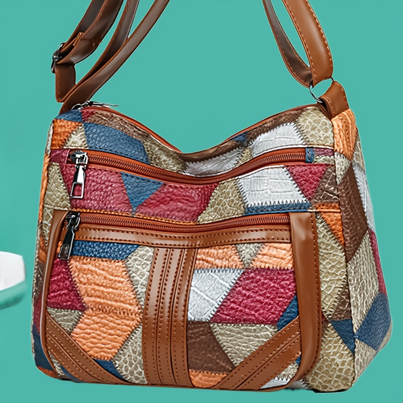 

Stylish Women's Shoulder Bag - Casual Geometric Patchwork Crossbody With Tassel Detail, Multiple Zipper Compartments, Red, Brown, Blue & Scheme, Polyester Lining, Crossbody Purse