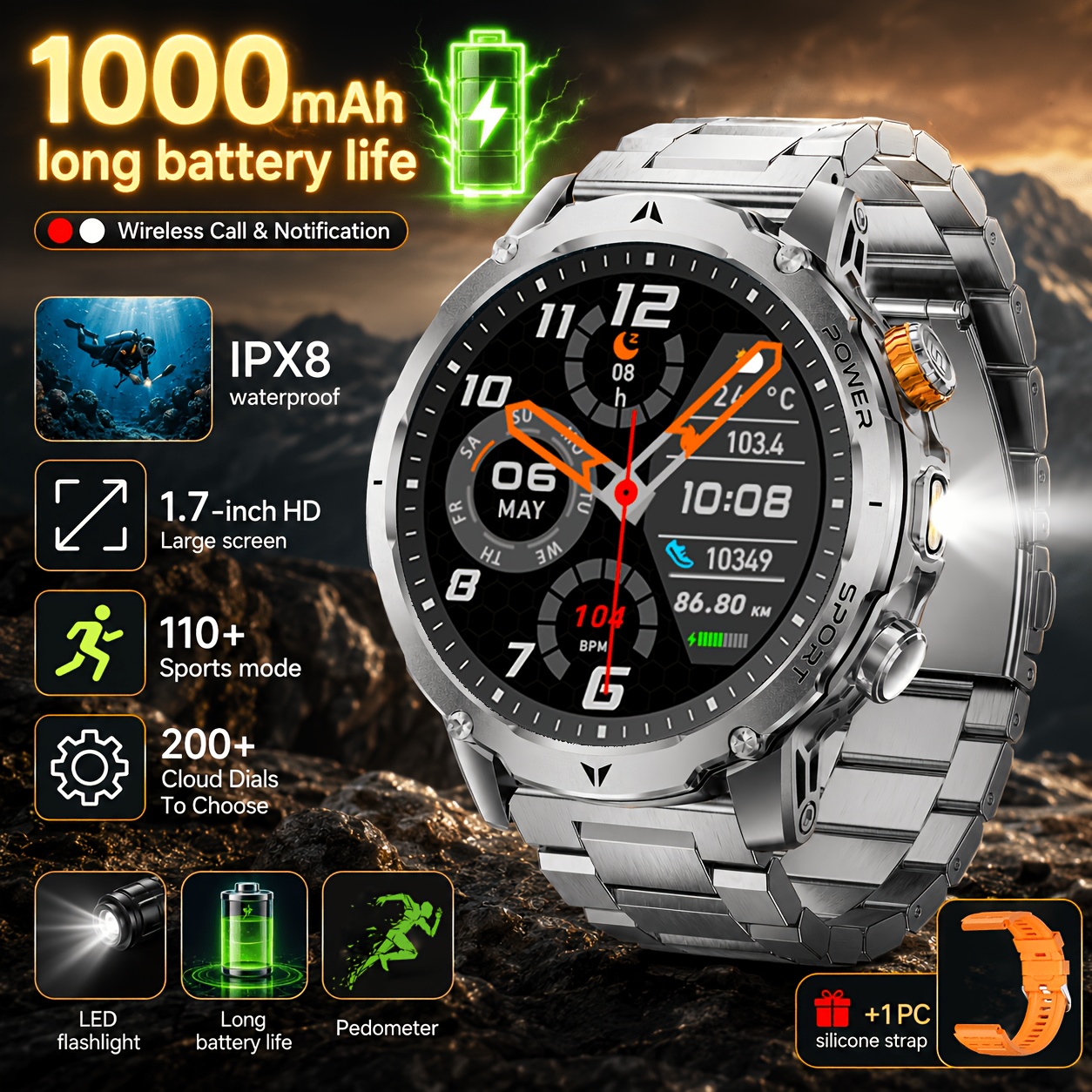 LIGE Pametna ura za moške, 1,7-palčni HD zaslon, pametna ura z baterijo 1000 mAh, LED svetilka, brezžični klici, 100+ športnih načinov, IPX