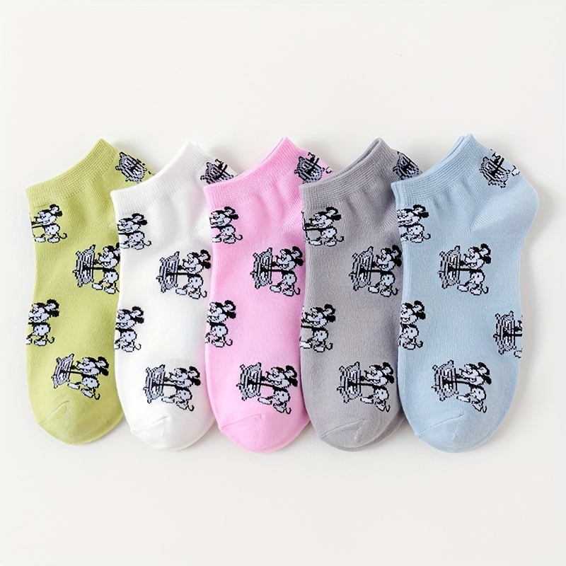 

5-pack Women's Cartoon Pattern No-show Ankle Socks, Breathable Cotton Blend, Casual Invisible Short Socks In Assorted Colors