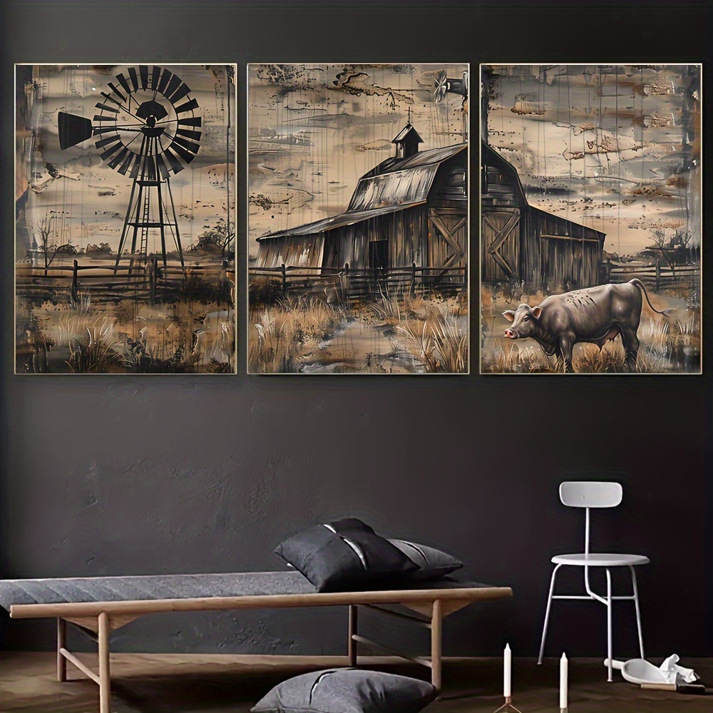 

Rustic : 3pcs Barn & Windmill Canvas Art Set - Modern, Fade-resistant Wall Decor For Living Room, Bedroom, Hallway - Easy Hang, Frameless Design Farmhouse House Decor Rustic Farmhouse Decor