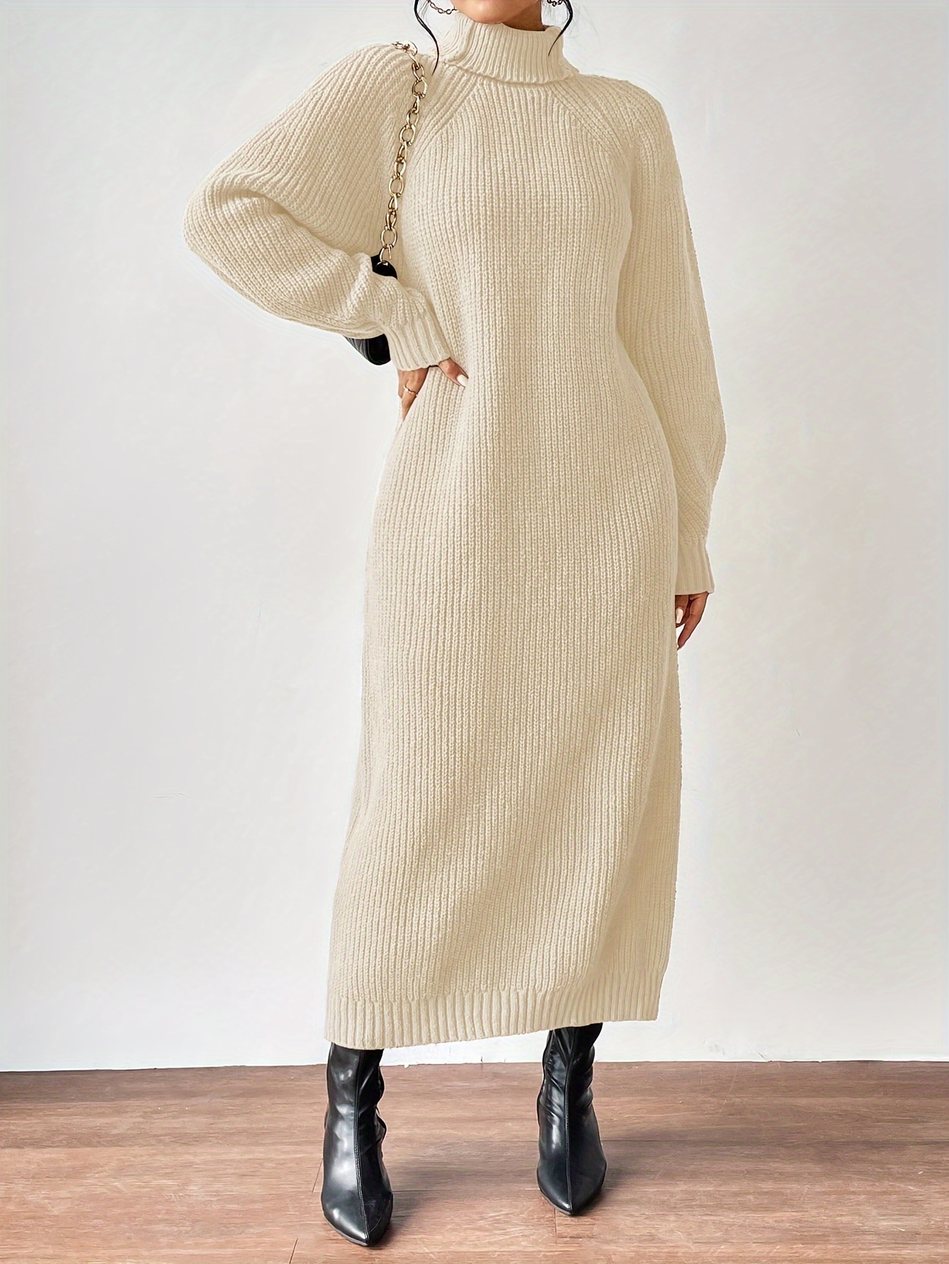 women's long sleeve turtleneck sweater dress elegant solid Temu