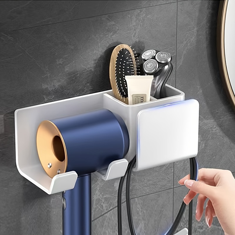 space saving wall mounted hair dryer holder with storage   plastic no power needed bathroom accessory details 0