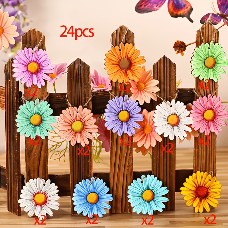 Image of 24pcs Daisy Wooden Hanging Decor, 2d Party Decoration For Festive Occasions, Décor, Holiday Arrangements, Theme Party Accessories, 2d Flat