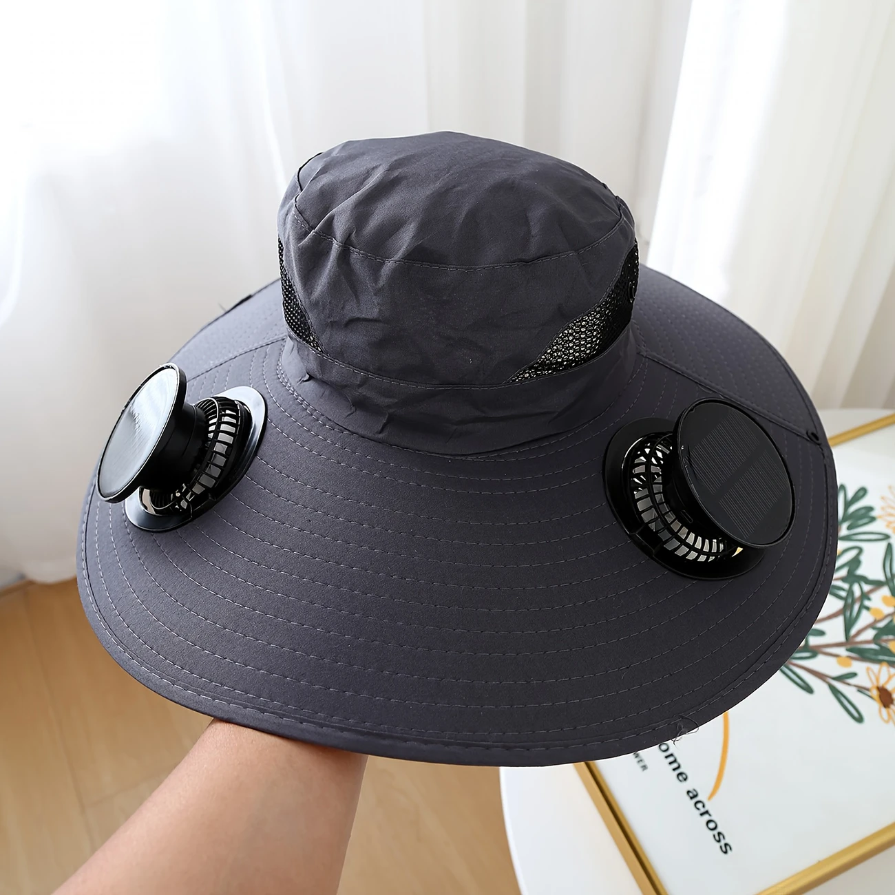 solar fan cap uv resistant outdoor wide brimmed fishermans cap with 2 180 adjustable fans upf50 usb and solar powered suitable for beach camping outdoor fishing without battery details 7