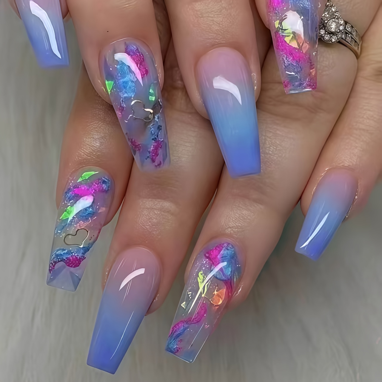 TEMU 24pcs Set Blue-purple Gradient Laser Press-on Nails, Long Ballet Style, With Aurora Glitter , Nail Tips For Daily Use, Apparel Decoration, And