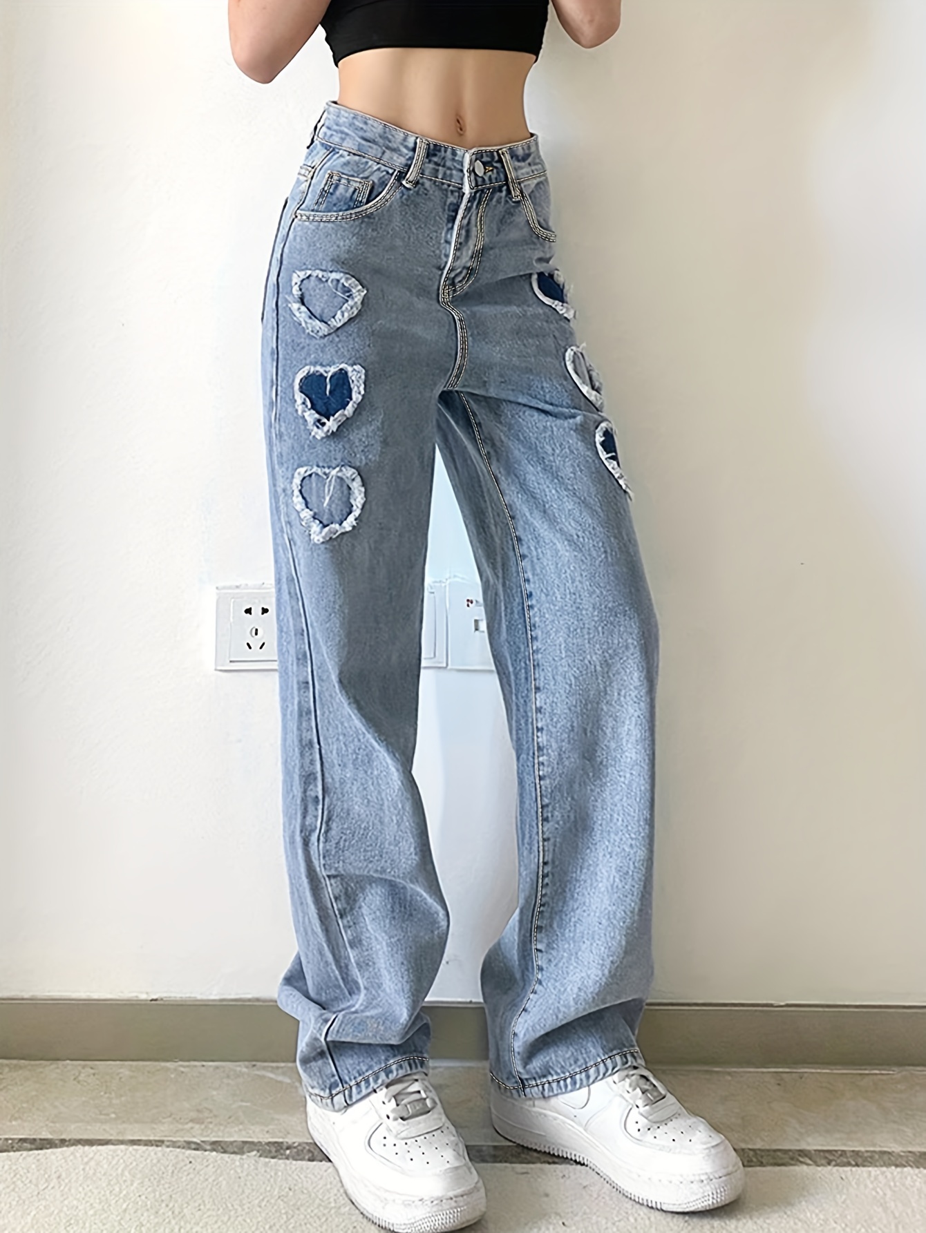 * Heart Pattern * Straight Jeans, Punk Streetwear High Waisted Loose Wide  Leg Denim Pants, Women's Denim Jeans & Clothing