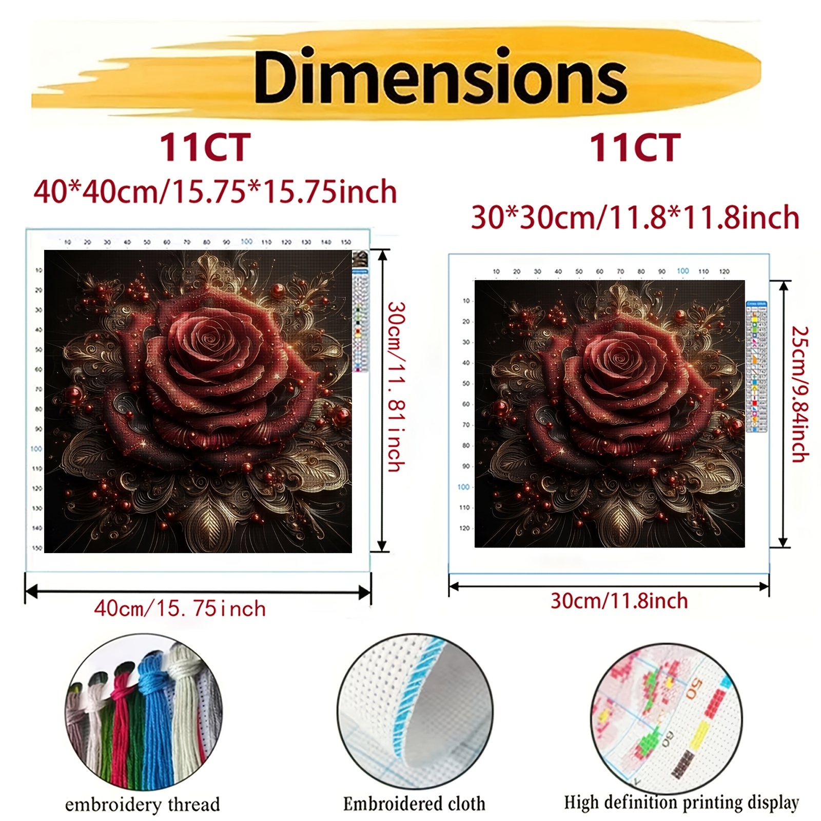 DIY Cross Stitch Print Kit, Frameless, Luxury Red Rose Decoration