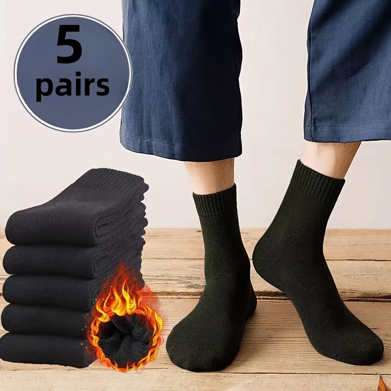 

5 Pairs Men's Winter Fleece-lined Mid-calf Socks, Warm Floor Socks, 95% Polyester 5% Spandex Knit Fabric, Solid Color