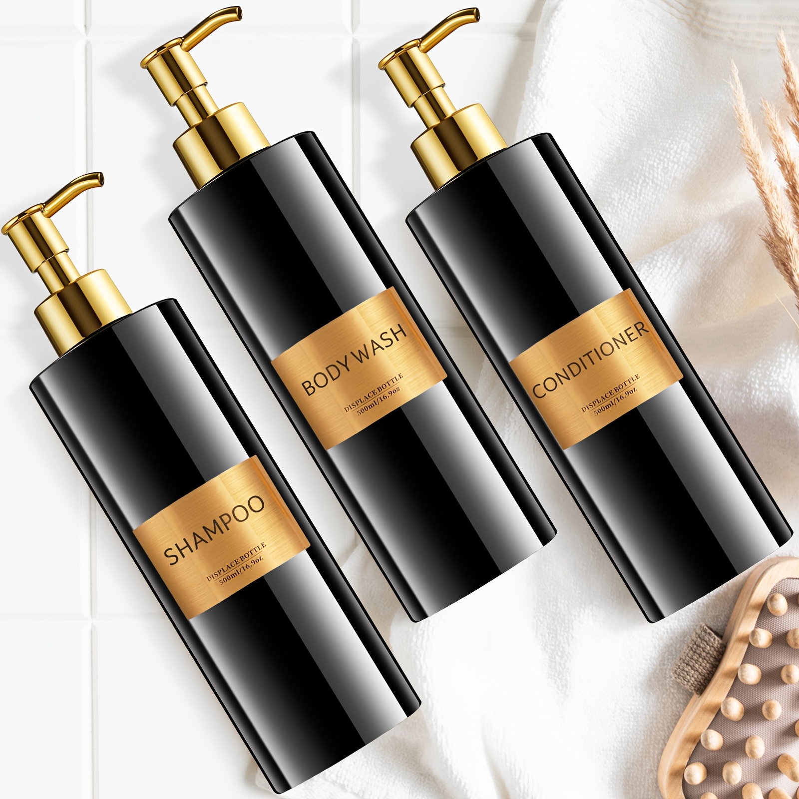 E-shop GAONLY Elegantes 3er-Set Shampoo- und Spülungsdosierer - Moderne 500ml Duschseifenflaschen mit Pompensystem und Etiketten - Praktische