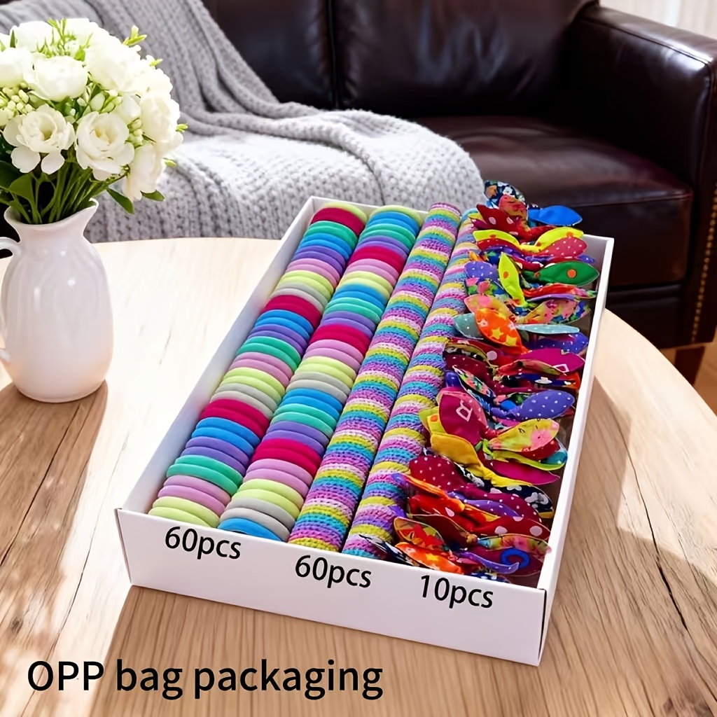 Image of 130pcs Candy Color Bunny Ear Hair Ties | Non-damaging Hair Elastics With Polka Dots, Stripes, And Floral Patterns, Bohemian Style