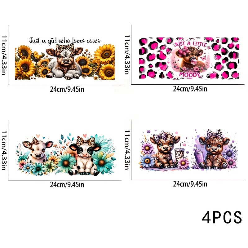 TEMU 4pcs/set Highland Cow Floral Theme Uv Dtf Transfer Paper Cup Sleeves, Suitable For 16oz Glass Coffee Cups, Mugs, Ceramics, Computer & Phone Case