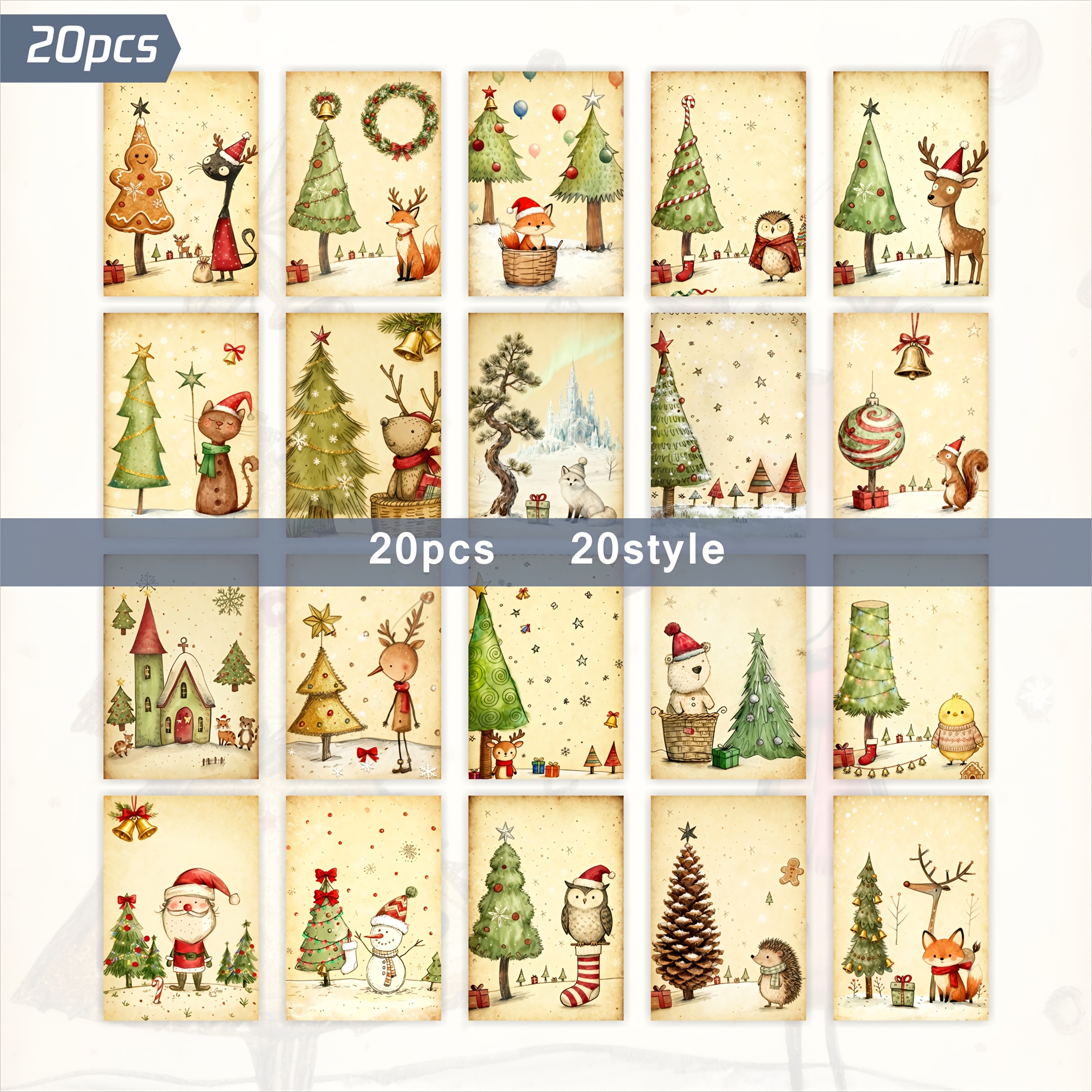 TEMU 20pcs Vintage Christmas Cute Animal Christmas Tree Postcards - 4x6 Inch Retro Junk Journal Paper, Illustration, Santa Claus, Snowman, Reindeer