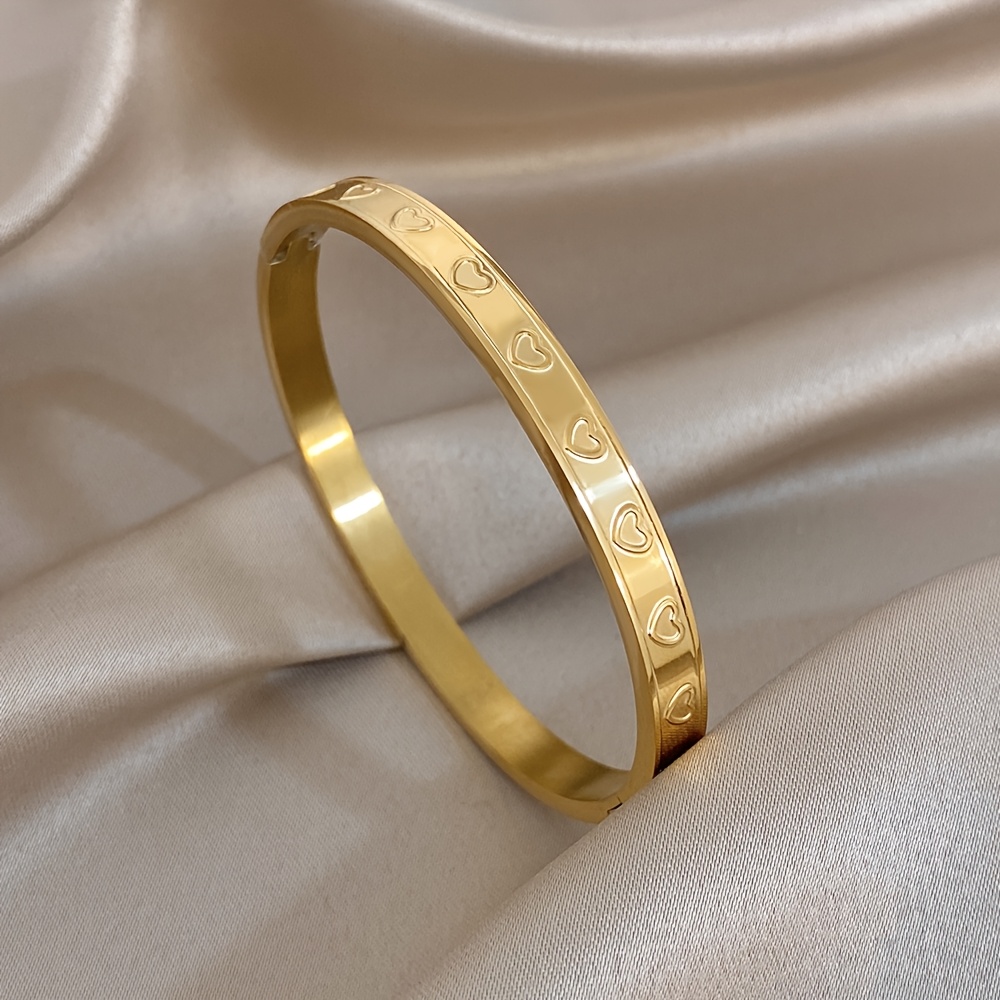 Golden-Plated Heart-Shaped Stainless Steel Bracelet, Adjustable Cuff