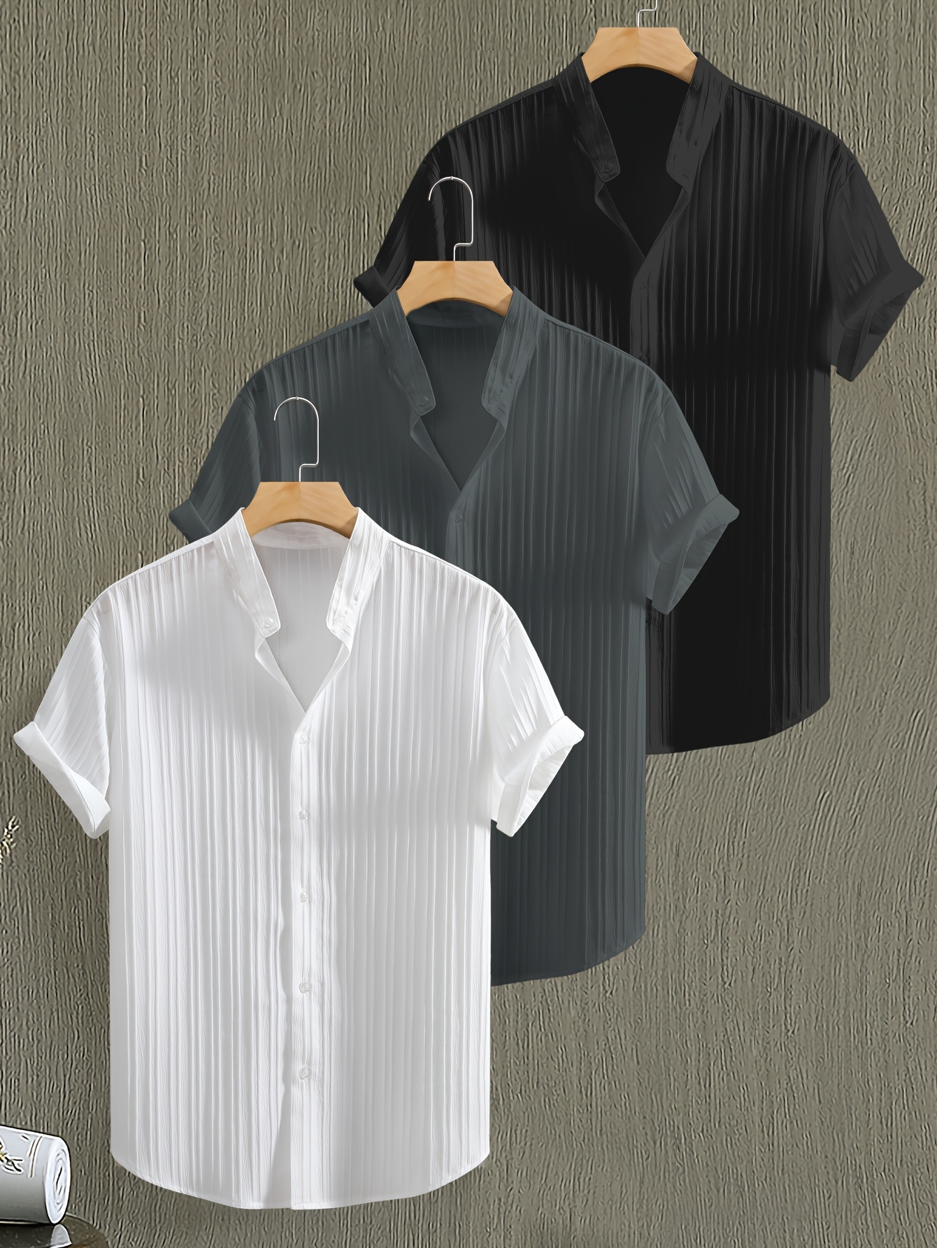 mens summer 3pcs solid color short sleeve stand collar shirt   fabric button up top casual fashion versatile shirts for casual attire beach vacation set of 3