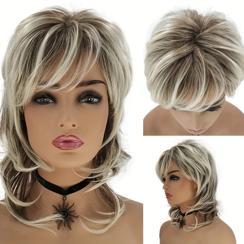 

Elegant 10-inch Mixed Color Wig For Women - Fluffy, Heat Resistant Synthetic Hair With Cap