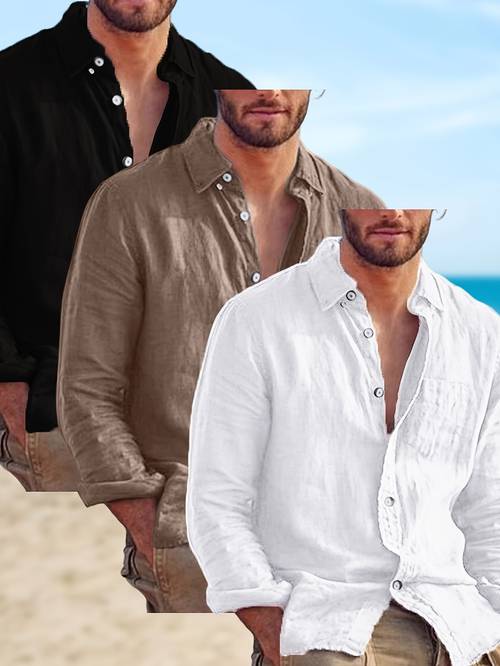 3pcs mens lightweight summer long sleeve button up shirts breathable non stretch fabric vintage style casual tees with classic collar for casual attire versatile menswear classic collar shirt nonstretch fabric