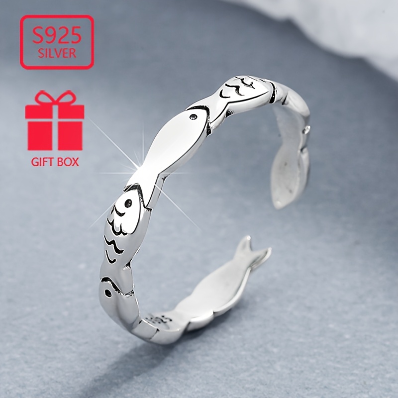 

Total Weight About 1.4g 1pc Women's 925 Pure Silvery Small Fish Ring Female Thai Silvery Retro Old Simple Cute Hand Ornament Suitable For Daily Commuting And Party Wearing Suitable For