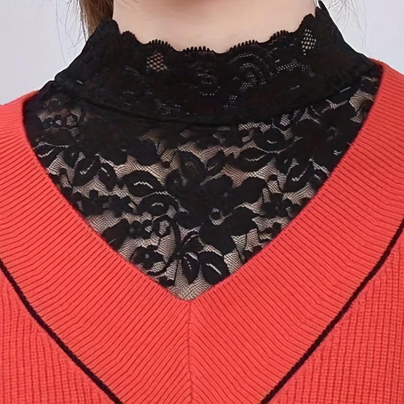 

Elegant Women's Detachable Collar - Stretchy Knit Fabric With Floral Patterns, Decorative Ruffle , Half-shirt Design, Machine Washable, Lace Fabric