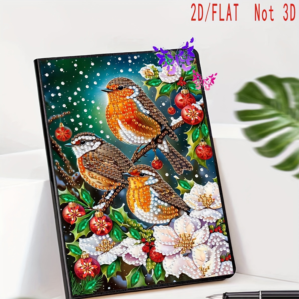 TEMU 1pc New Handmade Diamond Painting A5 Notebook Set, Art Christmas Floral Sparrow Cover Diamond Painting Art Notebook, Unique Irregular Shape