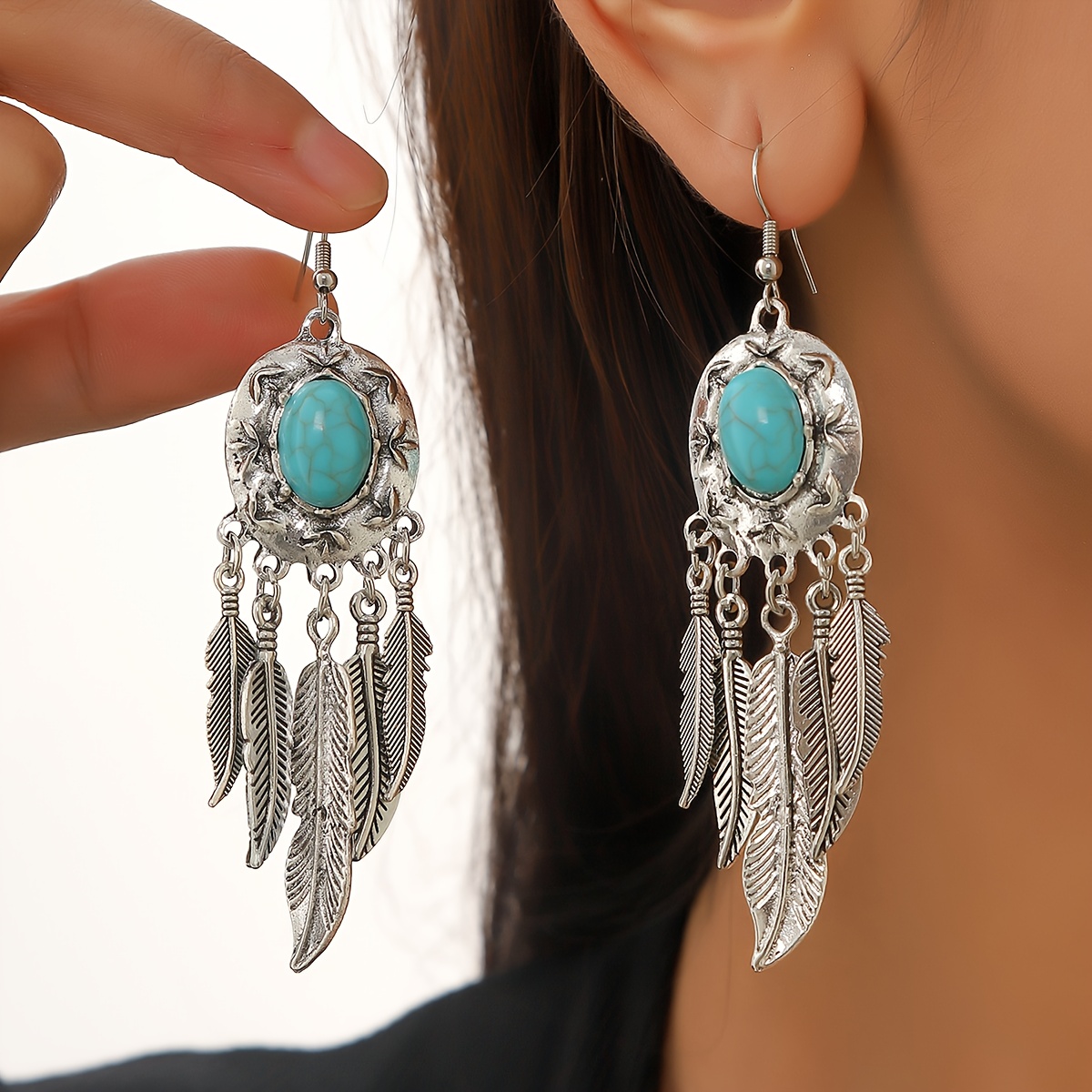 

Bohemian Turquoise Accessories, Antique Silvery Tassel Feather Earrings, Gifts , Christmas Gifts,