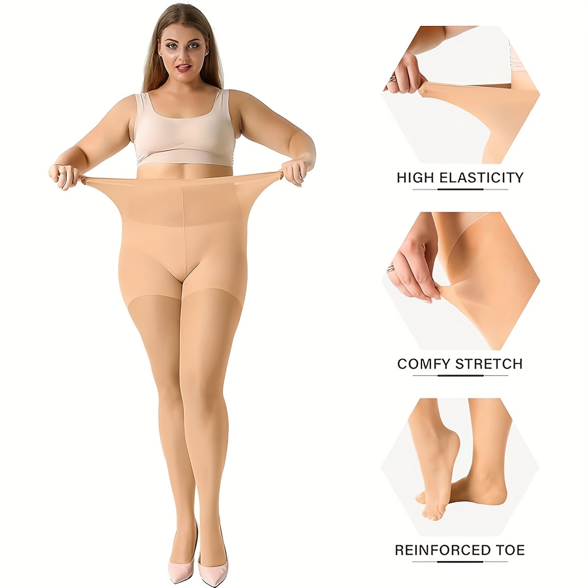 Women's Plus Casual Tights, Plus Size 200D Elastic Control Top Semi Sheer  Stretchy Pantyhose