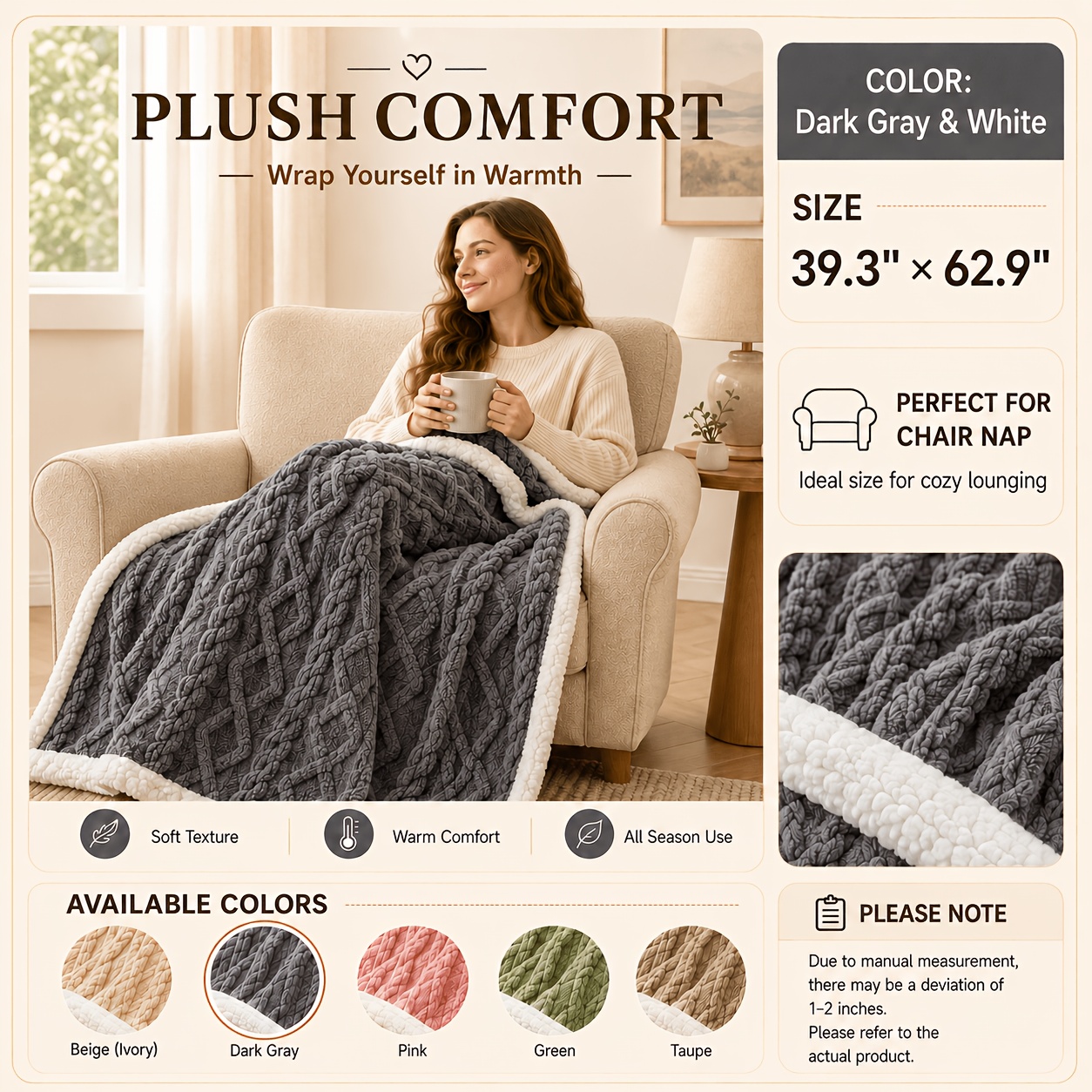 TEMU 1 Double-layer Blanket Extra-thick, Soft, Skin-friendly, Sturdy, Warm, And Machine-washable Perfect For Office , Sofa Covers, Bedrooms, Hotels,