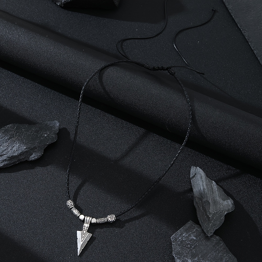 TEMU 1pc Hip Hop Retro Style Black Woven Faux Leather Rope Silvery Alloy Arrow Pendant Decoration Adjustable Pull Cord Versatile Men's Necklace