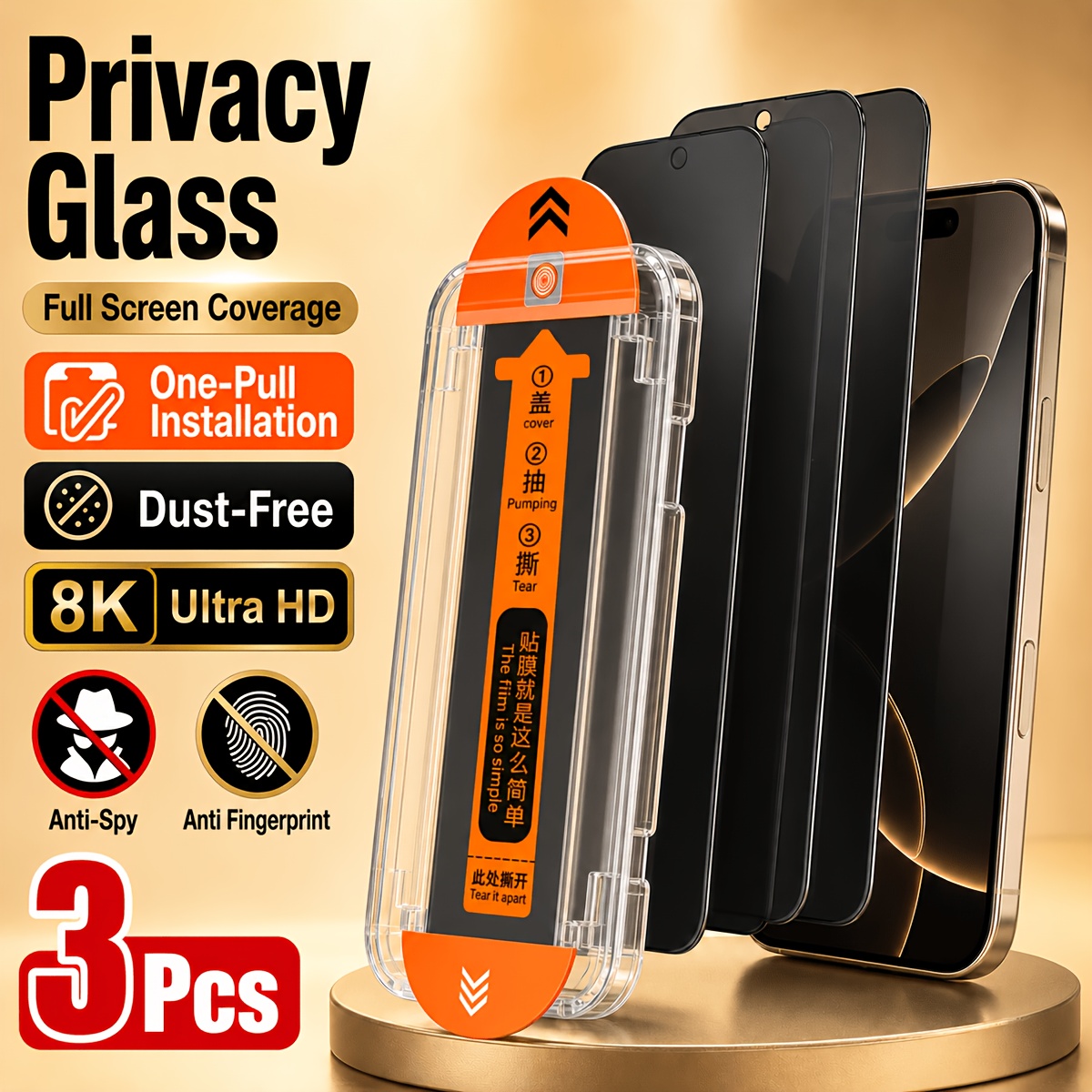 TEMU CASECOPS Juego de 3 protectores de pantalla de cristal templado de privacidad con kit de instalación de autoalineación sin polvo para series 18