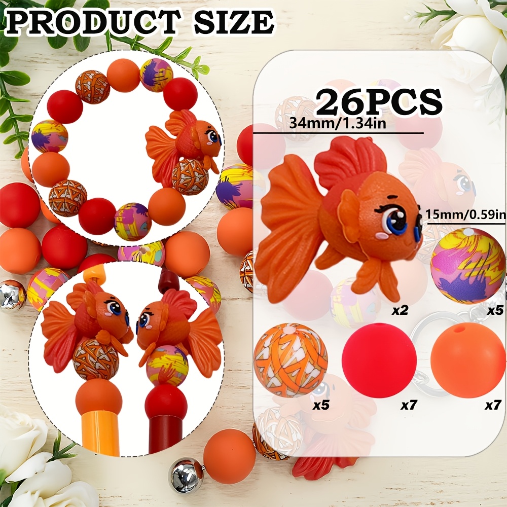 TEMU 26 perles en , thème animal poisson rouge doré orange-rouge 3D, style adapté à la fabrication d'accessoires de bijoux, peuvent être utilisées