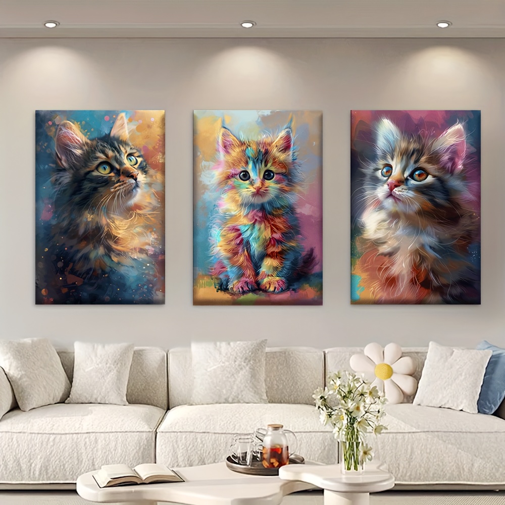 TEMU 2d Flat, 3pcs/set, Canvas Painting--unframed, Colorful Cat, Posters And Prints, Living Room, Library, Office, Cafe, Bar, Abstract Art, Perfect