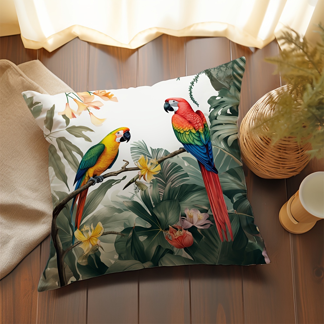 

1pc, Tropical Rainforest Parrot Print Cushion Cover, 1pc 17.7x17.7 Inch, Traditional Style Peach Skin Velvet Throw Pillow Case For Sofa, Living Room, Bedroom, Without Insert, Home Decor