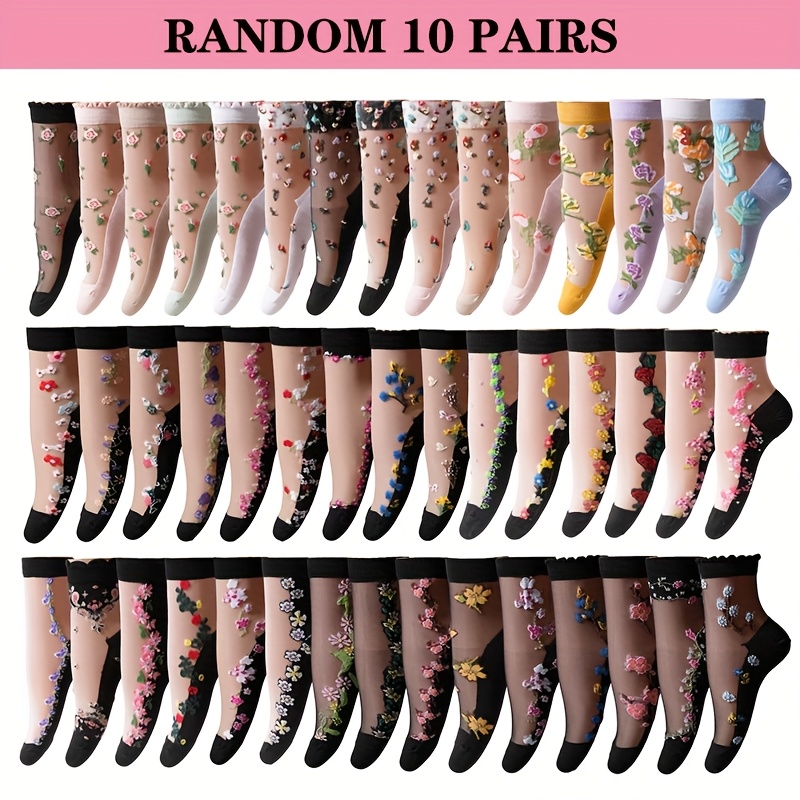 Image of Random 10 Pairs Spring Summer Women's Thin Breathable Jacquard Glass Fiber Crystal Casual Mid-calf Socks