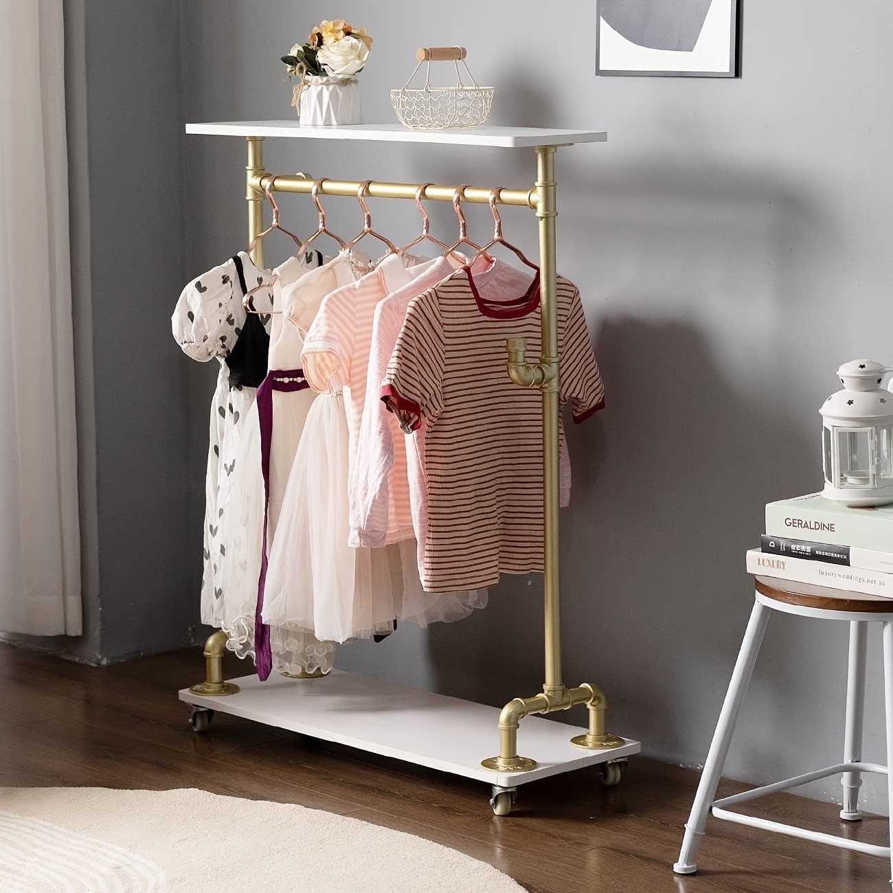 

' Rolling Clothes Rack With Storage Shelf - Industrial Wood And Metal Dress-up Closet, Two-tier Open Garment Organizer For 's Rooms