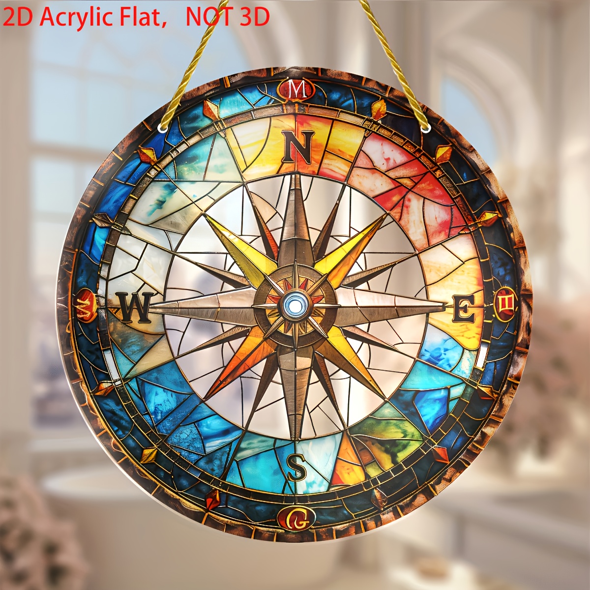 

1pc Traditional Round Acrylic Nautical Compass Decoration Pendant, Exquisite 2d Flat, Sunshine , With Hanging Attachment, For Christmas, Use, Holiday Decoration