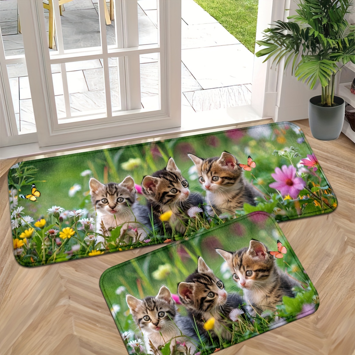 

Kittens And Butterflies Door Mat: Adorable Kittens In A Field Of Wildflowers - Perfect For Your Entryway! Non-slip, Machine Washable, And Made Of Durable Polyester.