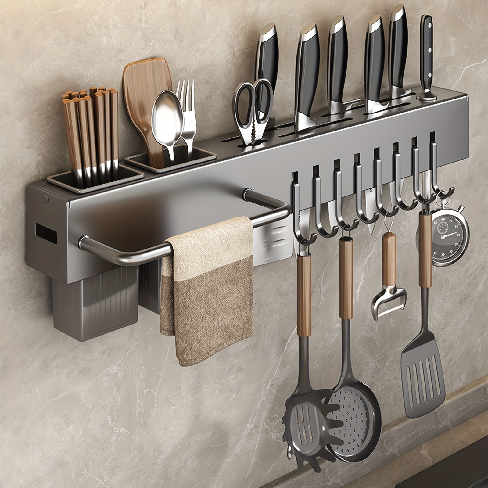 

Stainless Steel Wall-mounted Knife And Utensil Holder - No-drill, Kitchen Organizer For Knives, Chopsticks & More