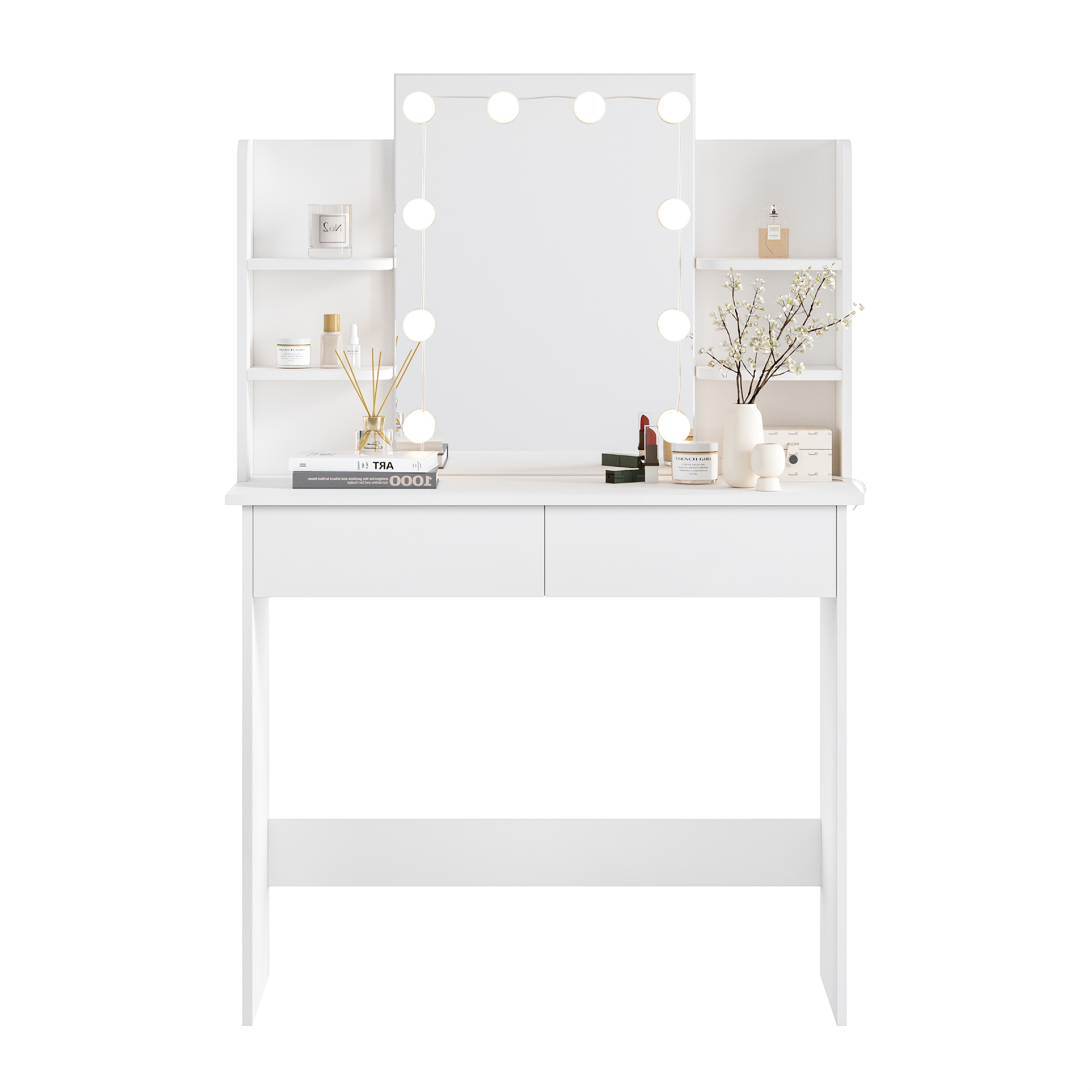 TEMU Dressing Table With Led Lights, Adjustable Brightness, Dressing Table With A Large Mirror, Featuring 2 Drawers And 4 Open Shelves For Easy