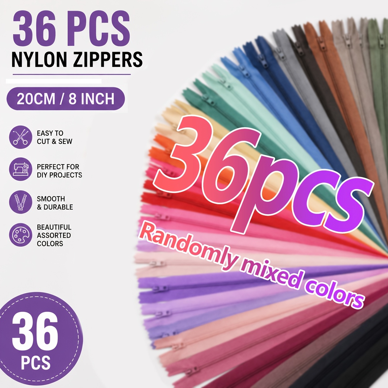TEMU Lot de 36 fermetures éclair en nylon de 20 cm, multicolores pour vêtements, sacs et décoration intérieure, pour de vêtements, la couture et les