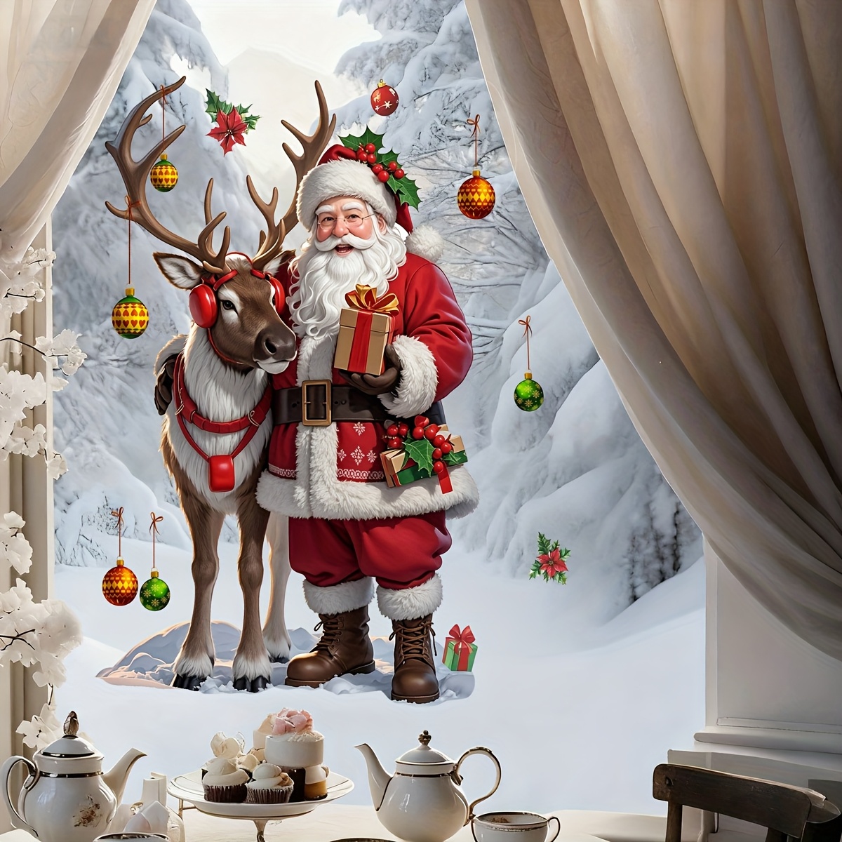 1 stuk Zelfklevende Verwijderbare Dubbelzijdige Kerst Raamstickers - Santa, Rendier, Hulst & Sneeuwbol PVC Stickers voor Glazen Deuren en Spiegels – Makkelijk te Plakken Feestelijke Decals (Geen Restanten) DIY Winterdecoraties