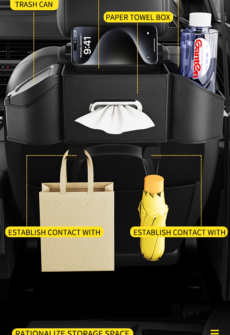 1pc waterproof abs car seat back organizer with cup holder multi functional vehicle storage box universal fit with trash can tissue box phone pocket for car seat back details 3