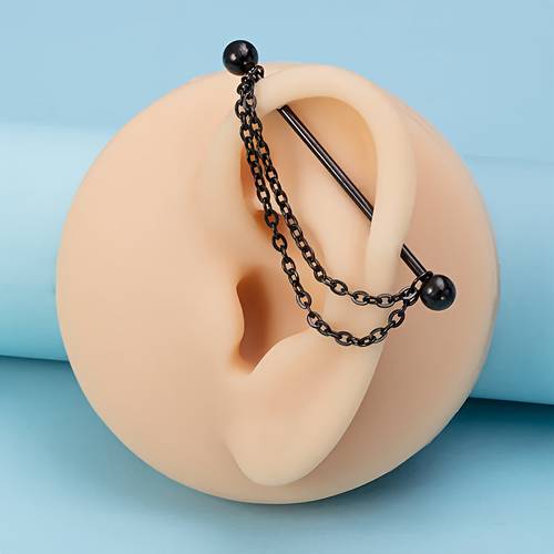 1pc industrial piercing barbell with chain cartilage earring long ear stud helix stainless for women men body jewelry