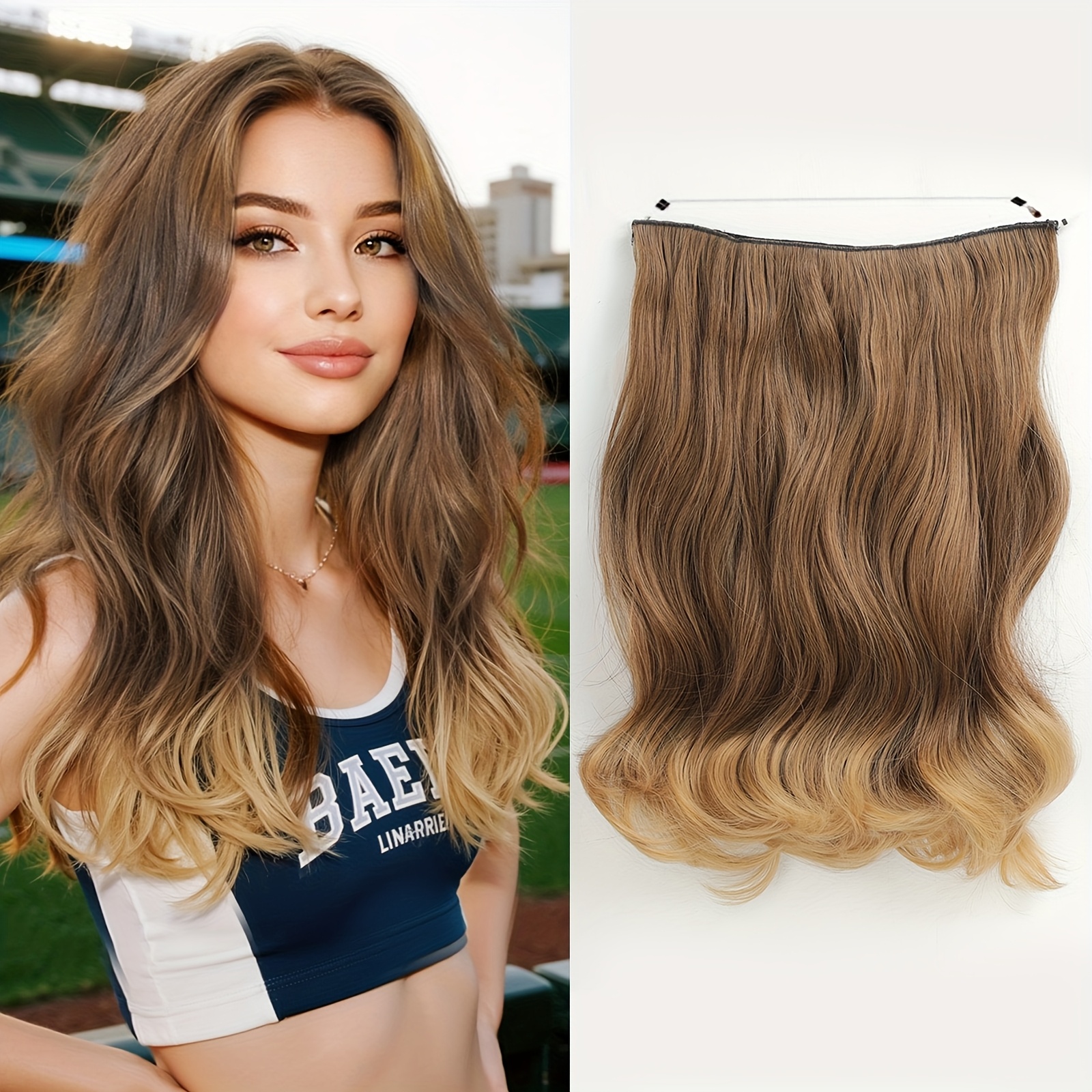 Features 18-inch Transparent Metal Wire Extensions With Long Waves, Made Of Synthetic Hair Pieces. It In A Of Light Brown. The Extension Part Is From New Synthetic Fibers