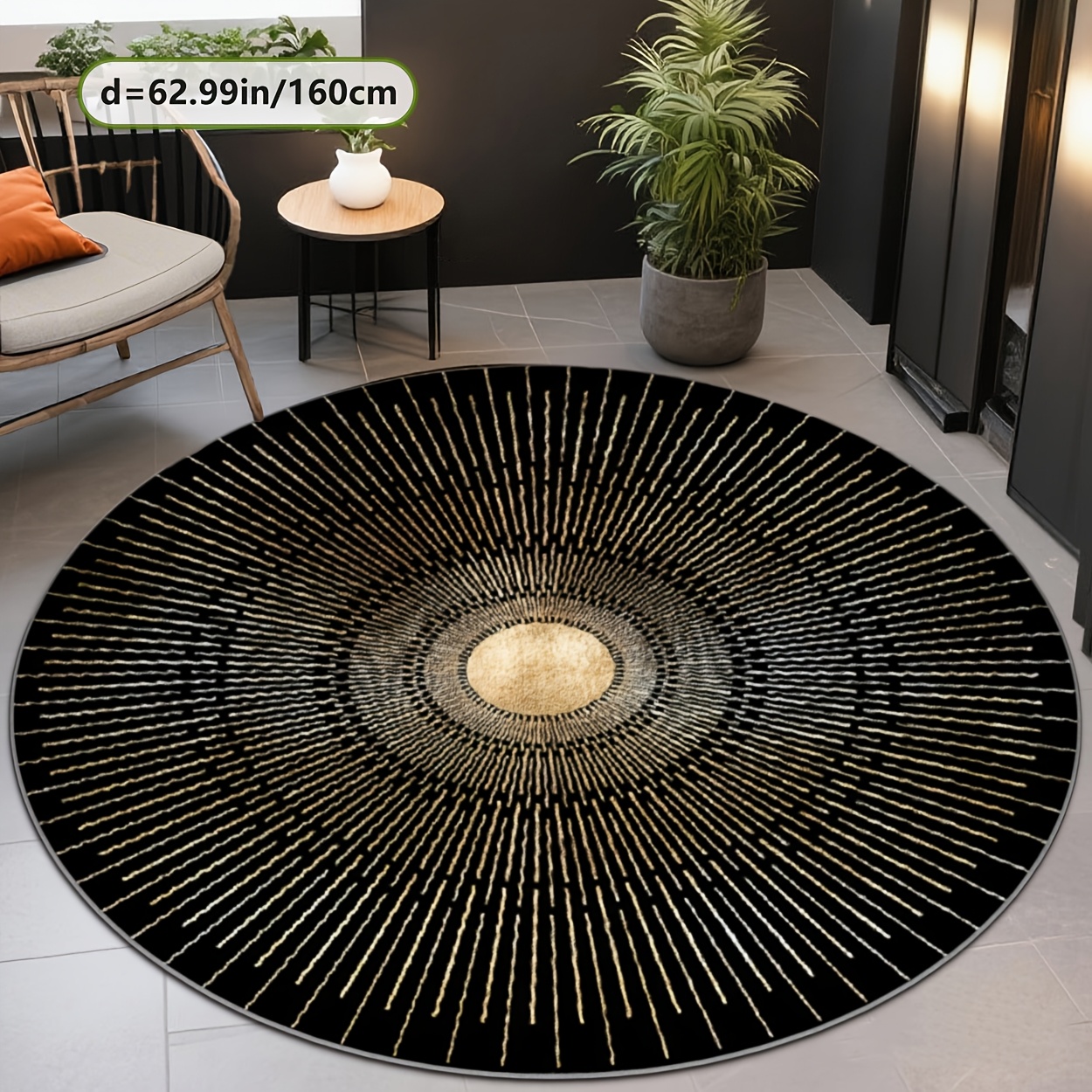 TEMU [Peluche Douce et Base Pointue] Tapis Rond, Tapis Imprimé Motif Ligne Dorée, Tapis d'Impression 2D, Tapis de Décoration Intérieure Tendance,