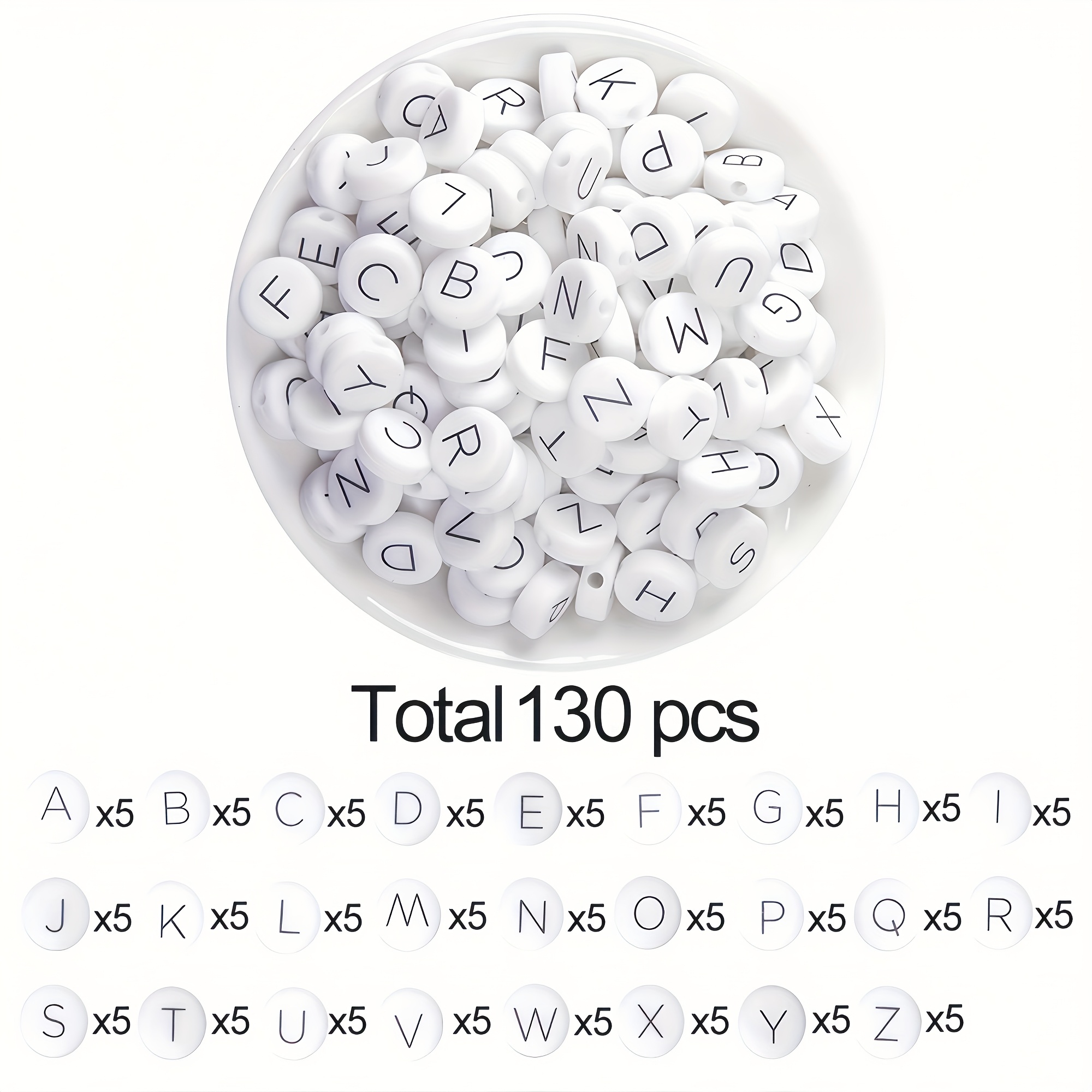 TEMU 130pcs A-z Round Printed Silicone Letter Beads Jewelry Making Kit - Diy Bead Craft Supplies With Decorative Craft Beads, Fashion Accessories For