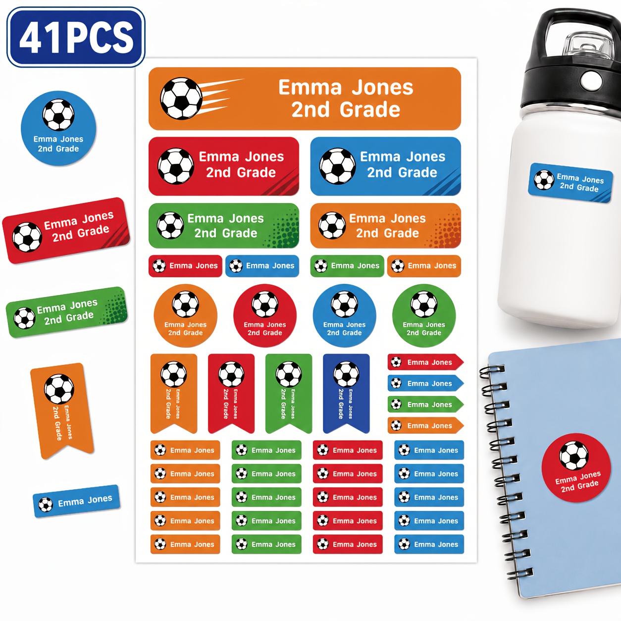 TEMU 41/164pcs Personalized Orange And Red Soccer Name Label Stickers, Custom Name Stickers, Colorful Stickers For Water Bottles, Lunch Boxes,