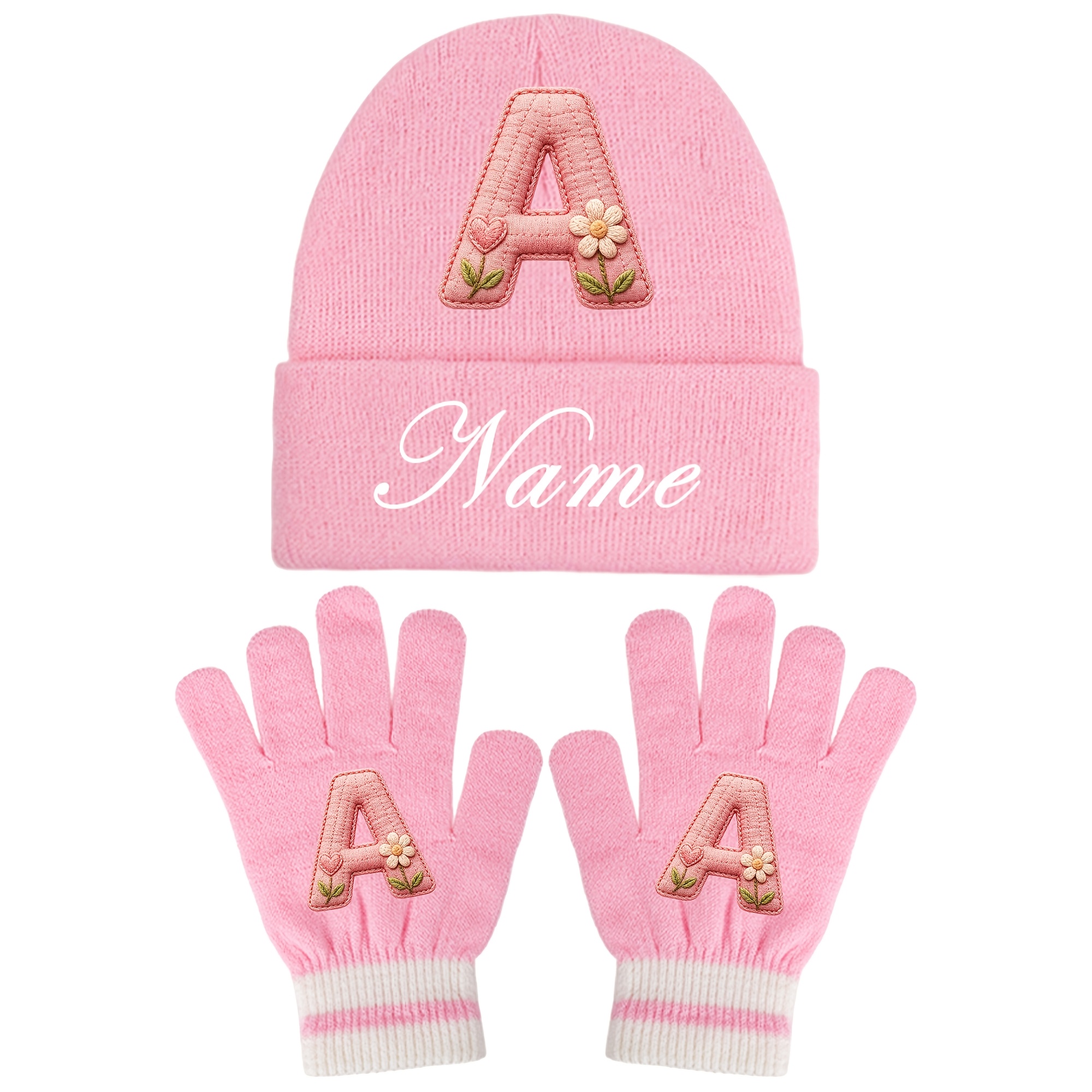 TEMU [custom Name] 2pcs Winter Hat And Glove Set, A-z Alphabet With Personalized Initial, Adjustable Brim, Outdoor Warm Hat And Gloves, Suitable For
